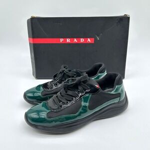 PRADA Americas Cup Sneakers 4E3400 Mens 8 Green Black Patent Leather Designer